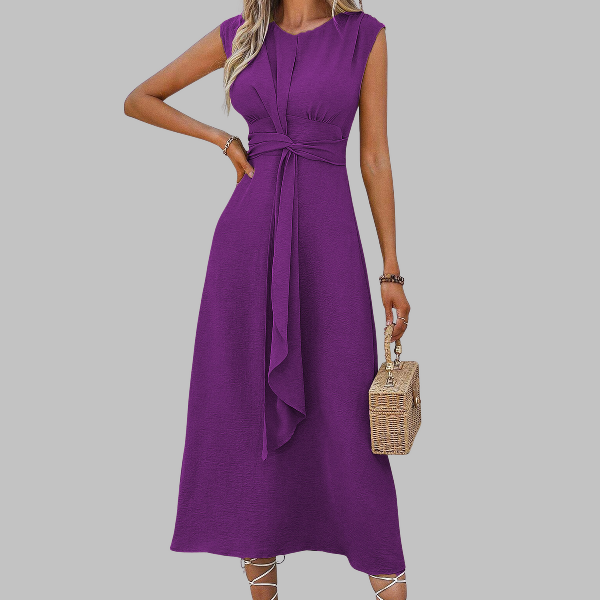Round Neck Cap Sleeve Tie Waist A-Line Midi Dress 6