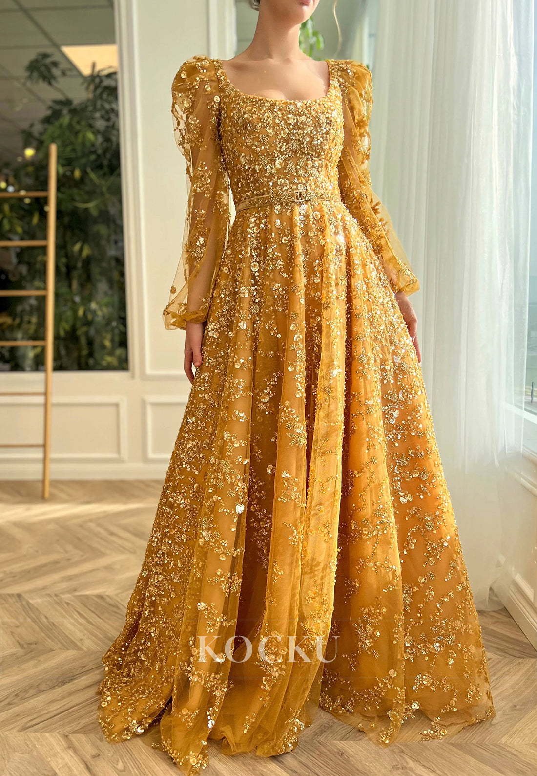 Long Sleeve Square Sequins Beaded Embellished Pleated Prom Dresses