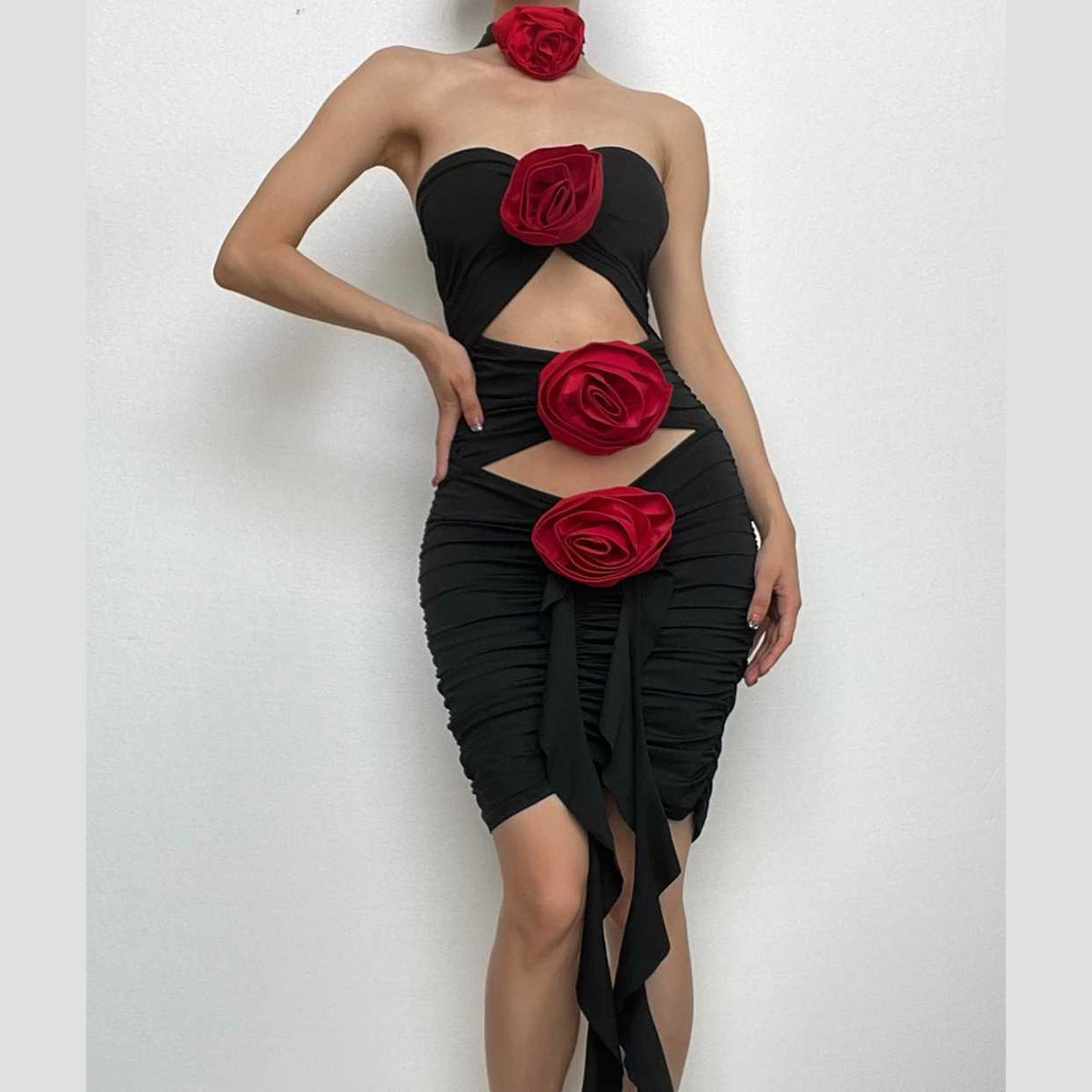 Flower Applique Strapless Cut Out Ruched Bodycon Mini Dress