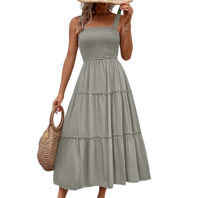 Square Neck Smocked Sleeveless Tiered Midi Dress 9