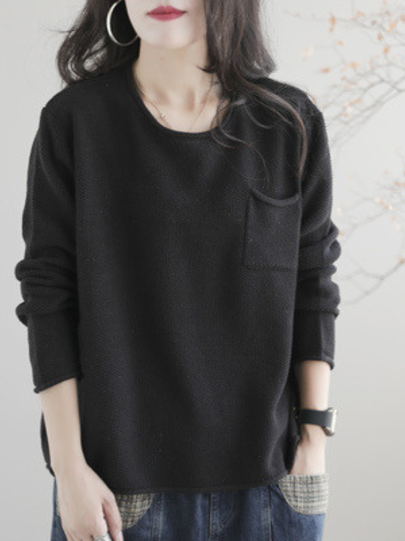 Knitted Small Pocket Solid Color Casual Loose Retro Sweater Top 11