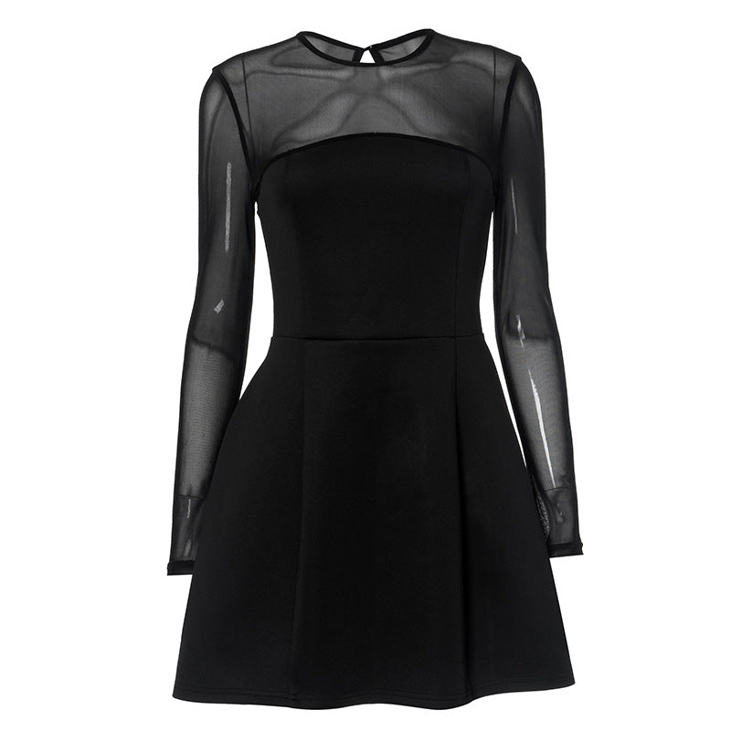 Mesh Yoke Long Sleeve Fit-and-Flare A-Line Mini Dress 9