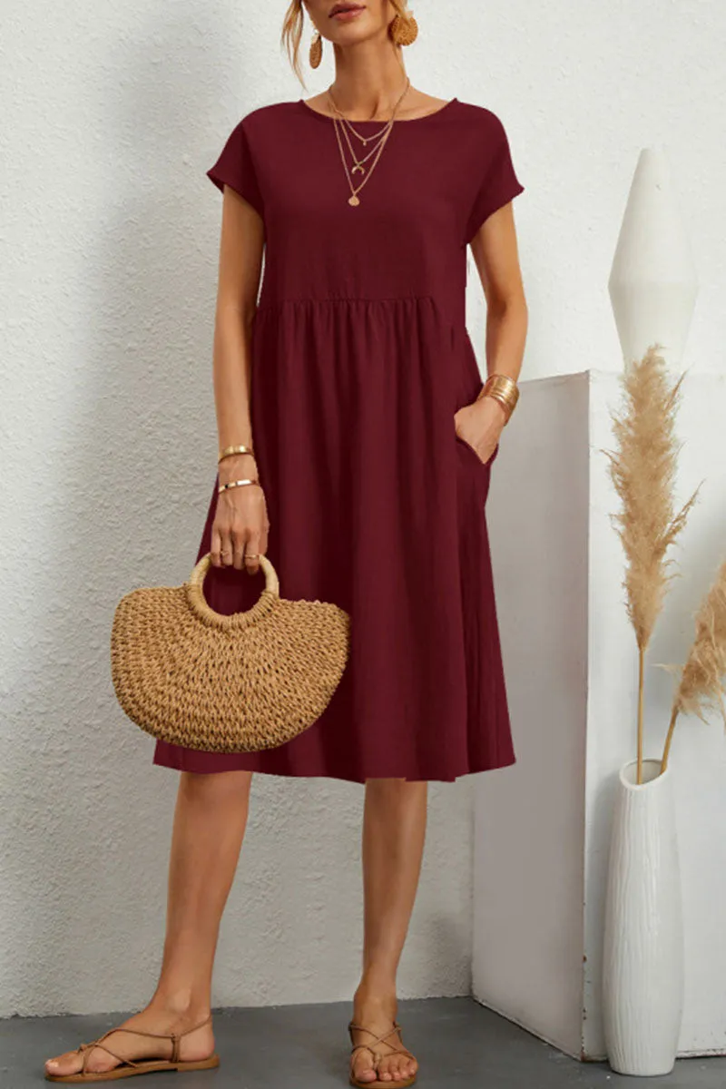 Linen Blend Print A-Line Short Sleeve Midi Dress - View 9
