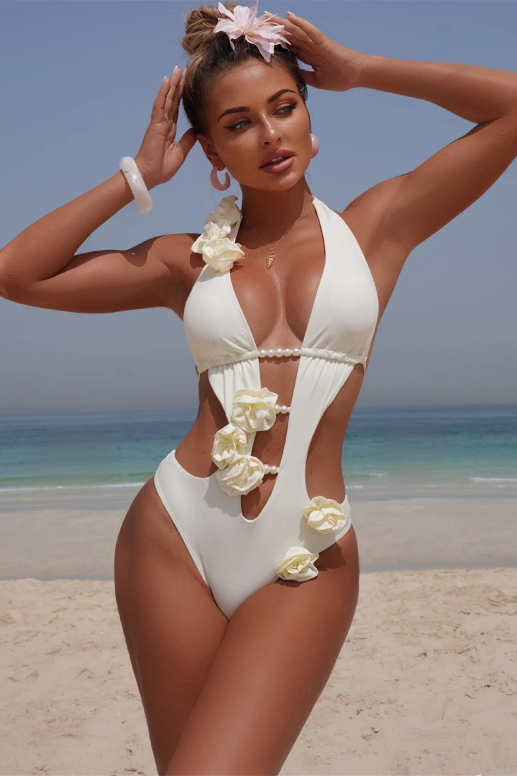 Pearl Detail One-Piece Bikini Set