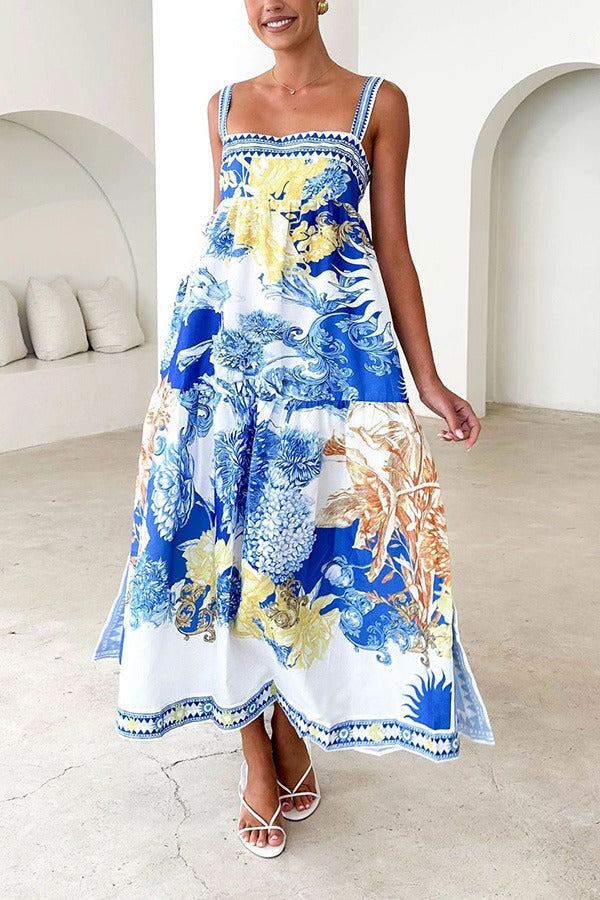 Unique Printed Square Neck Backless Pocket Maxi Dress - Fashionpara