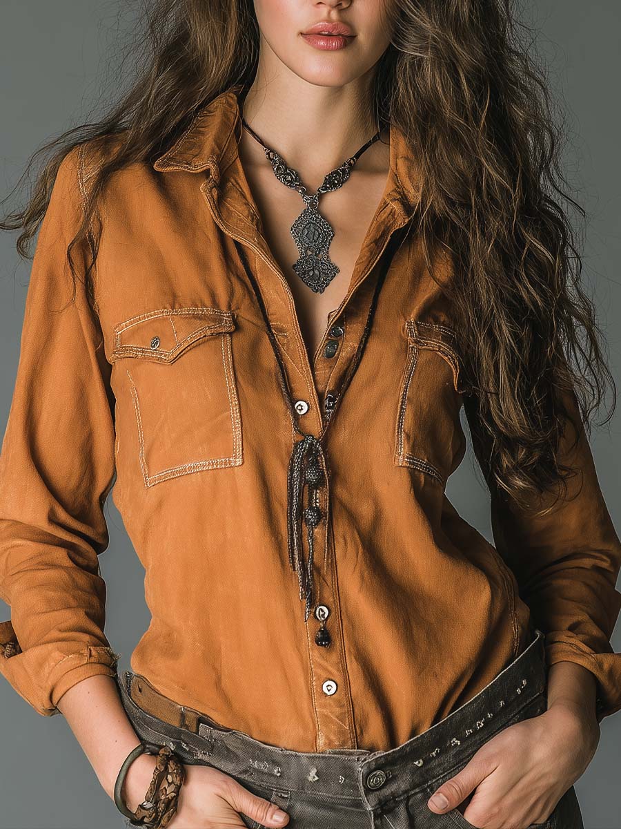 Vintage Caramel Soft Cotton Utility Pocket Shirt - Fashionpara