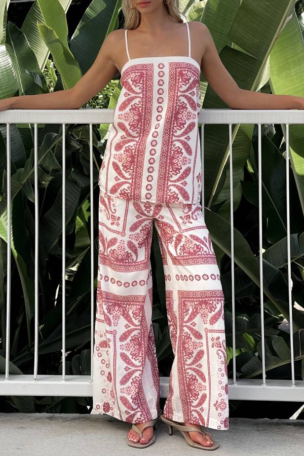 Unique Print Loose Casual Tank Top and Elastic Waist Wide Leg Straight Pants Set - Fashionpara