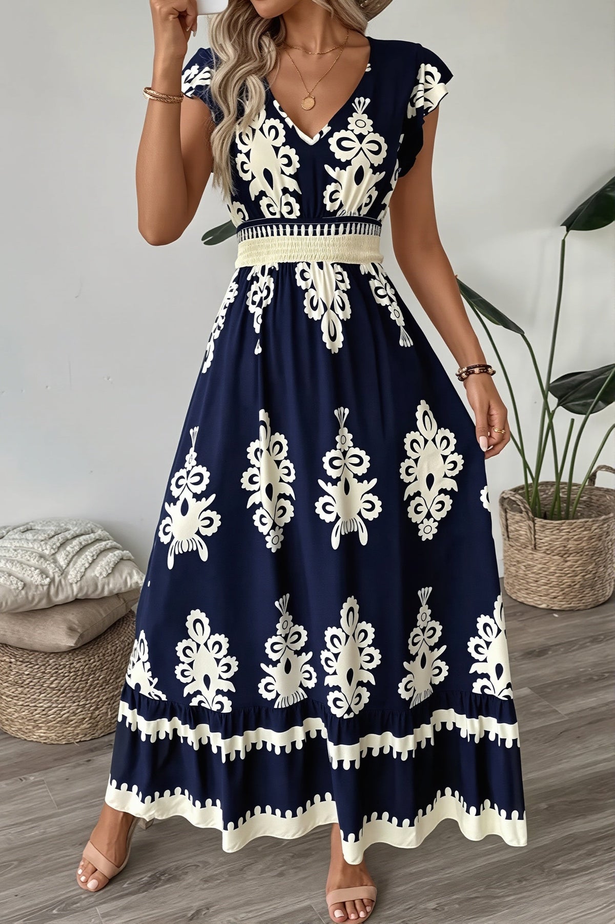 Baroque Print V-Neck Flutter Sleeve Midi Dress