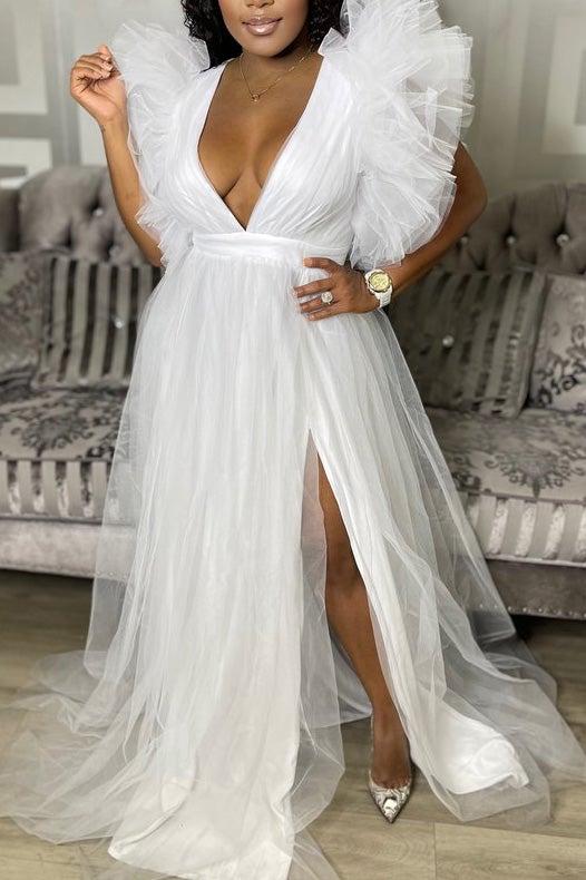 Plus Size Tulle Dresses Puff Sleeve Maxi Dress  Fashionpara