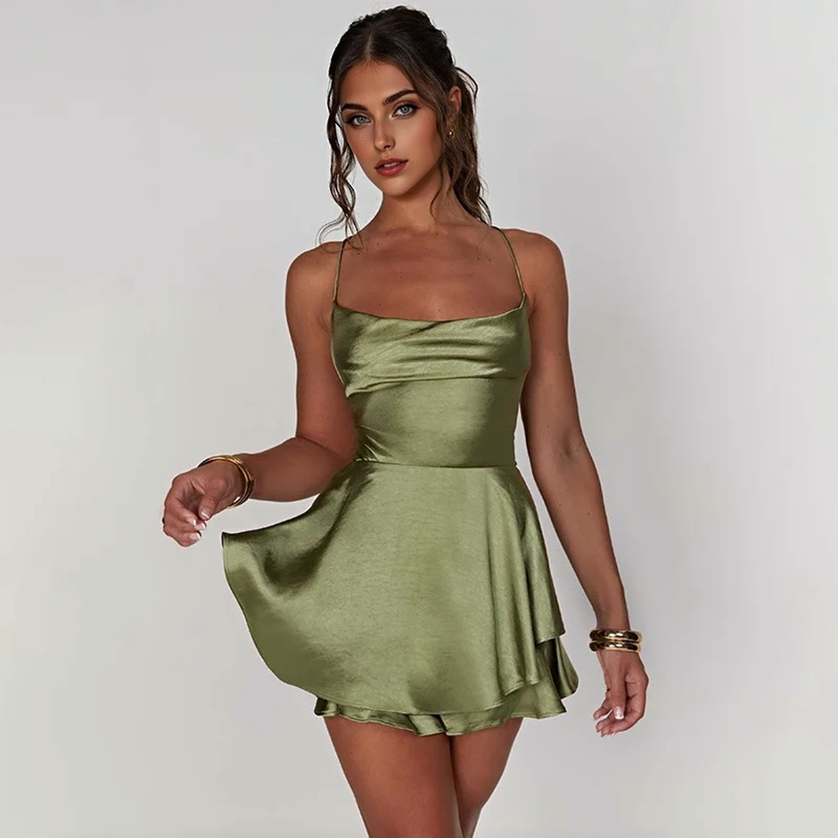 Satin Cowl-Neck Spaghetti-Strap Ruffle Mini Dress