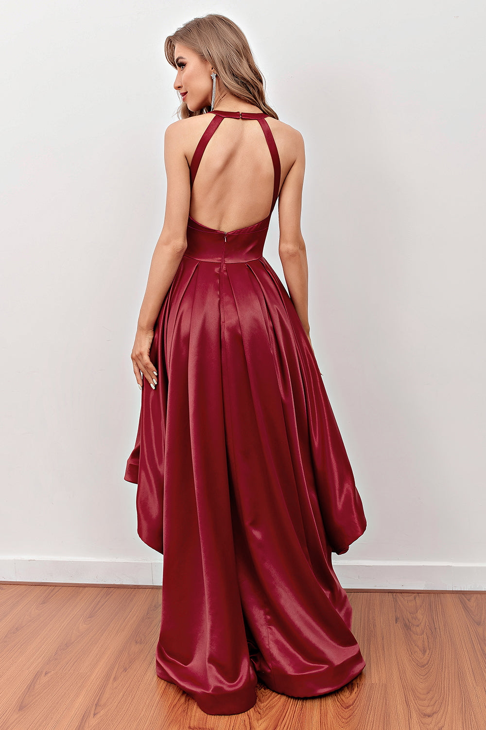 Burgundy High Low Prom Dress with Pockets - Fashionpara