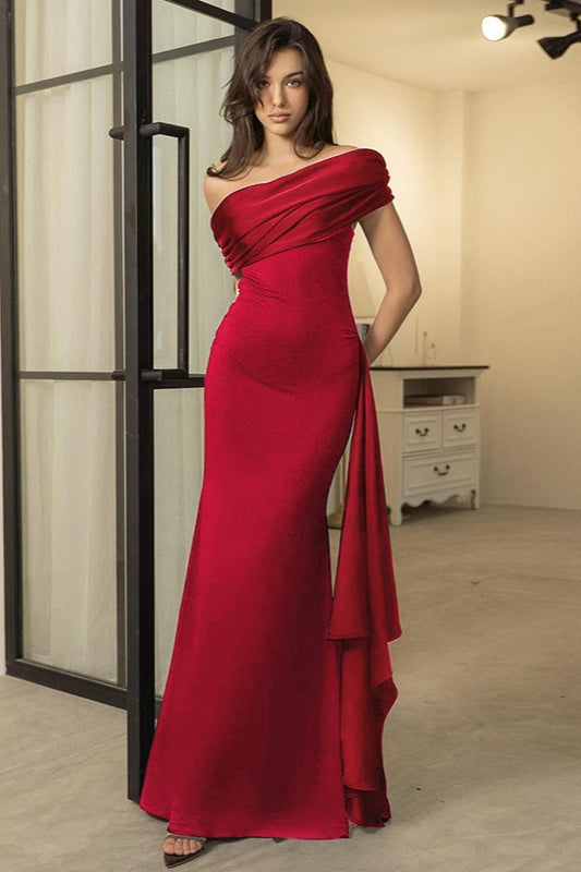 One Shoulder Ruched Draped Mermaid Evening Gown