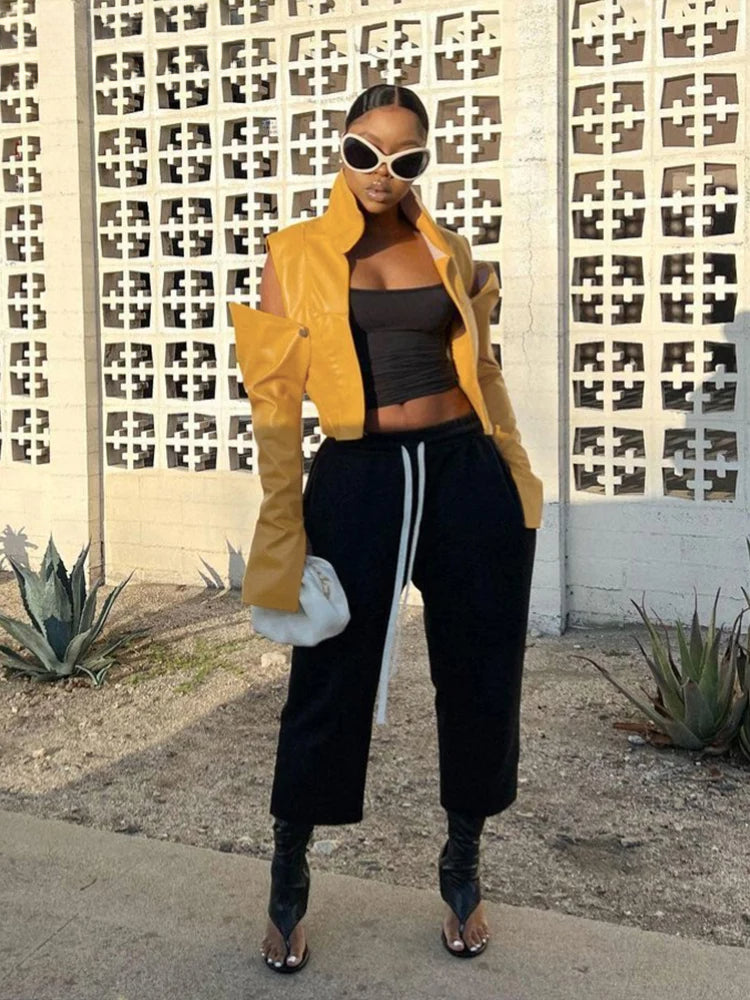 Hollow Sleeve PU Hipster Jacket