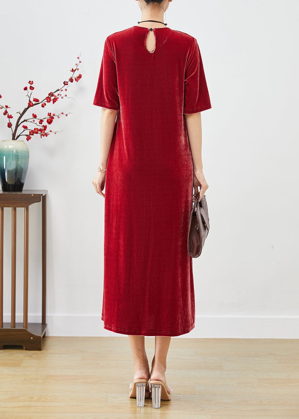 Velvet Cold Shoulder Cut Out Braided Trim Short Sleeve Midi Dress - View 4