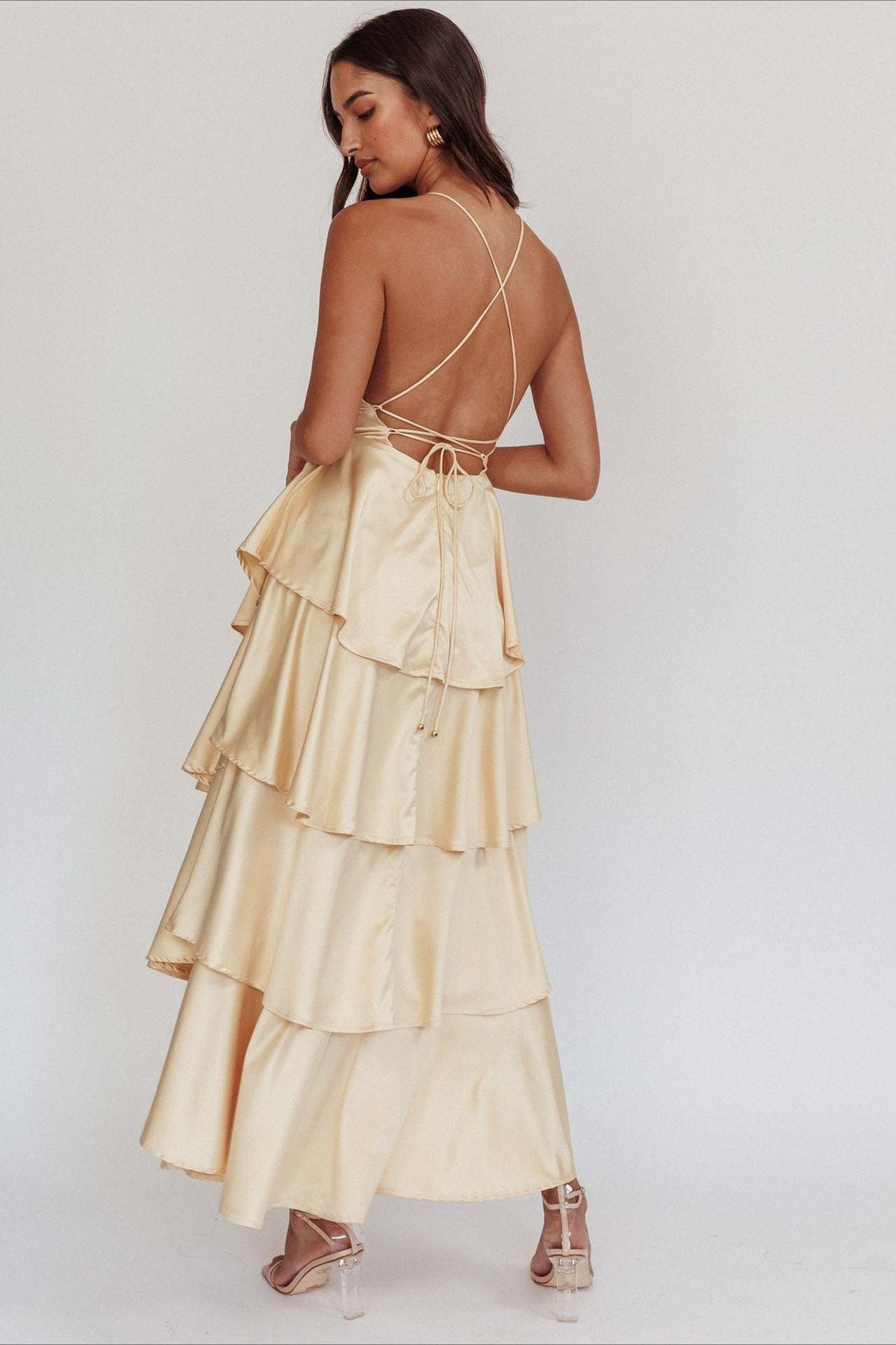 Satin Plunge V-Neck Tiered Ruffle Maxi Formal Dress