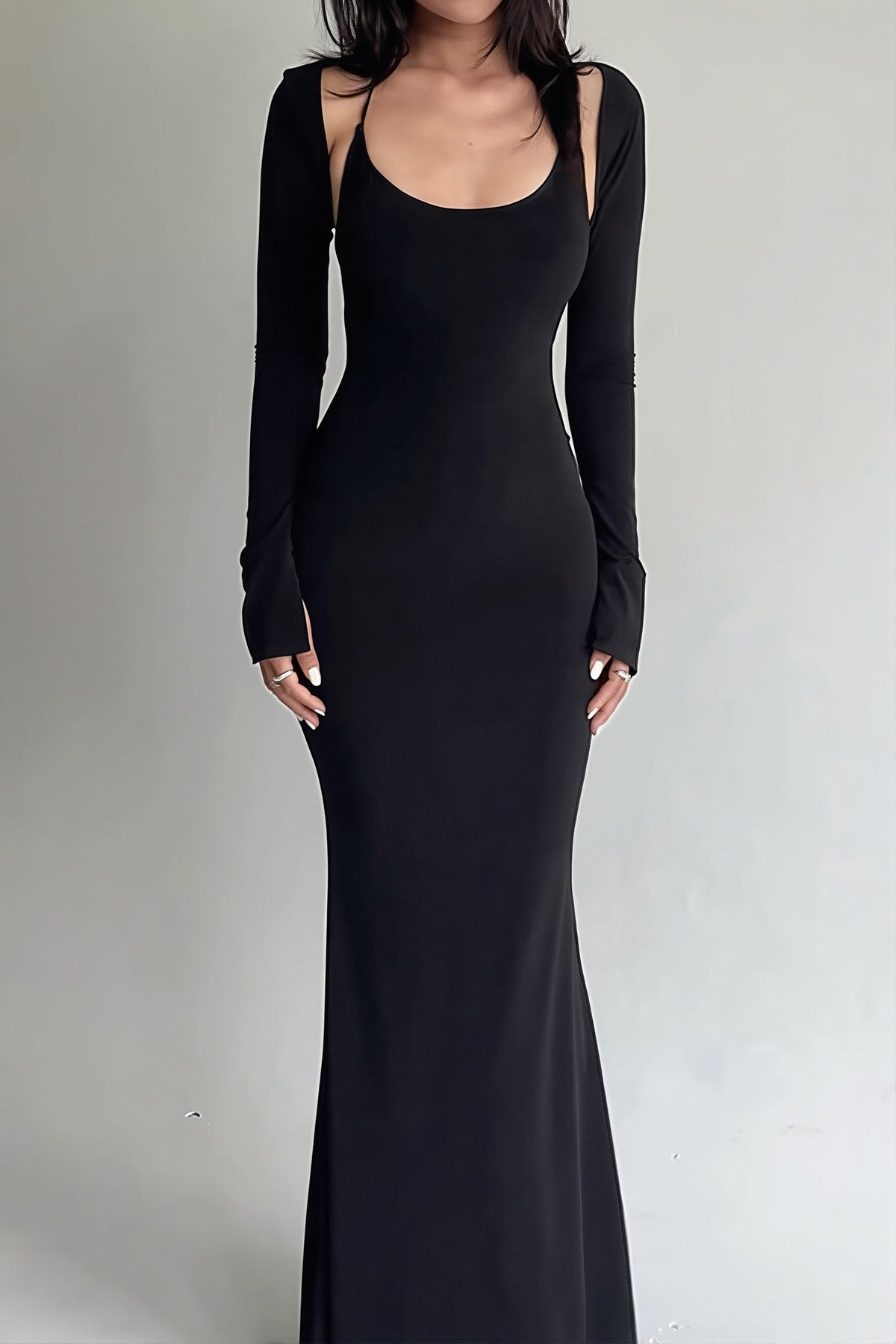 Scoop Neck Long Sleeve Cut Out Mermaid Gown