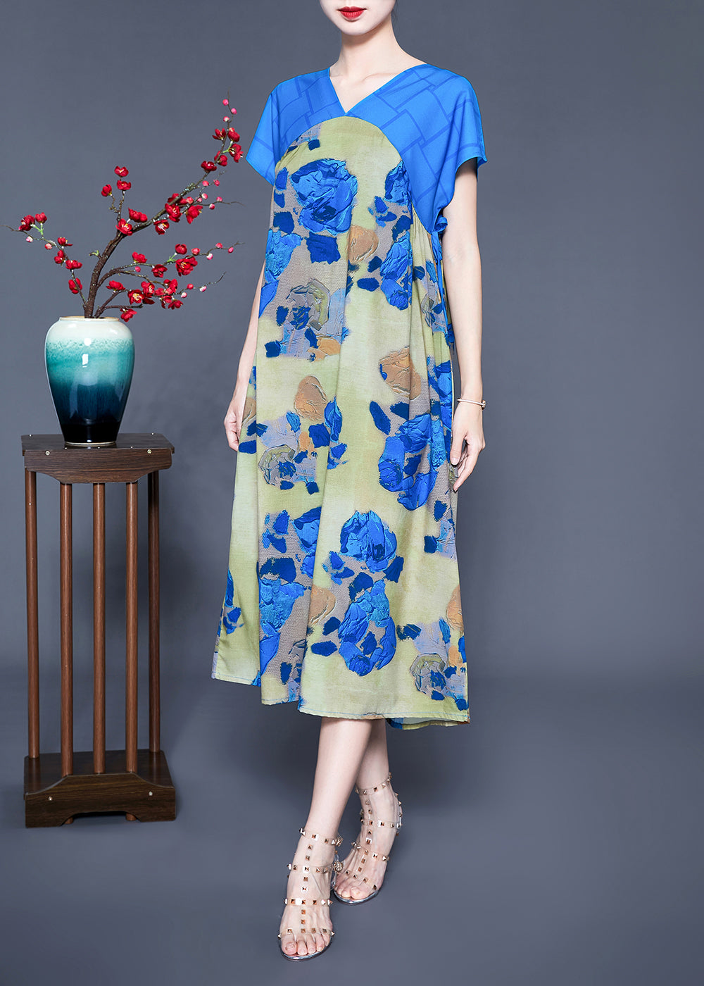 Floral Print Patchwork V-Neck Flutter Sleeve Midi Dress