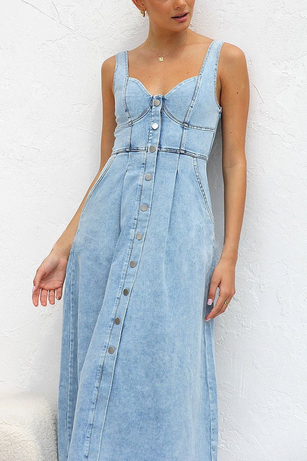 Denim Sweetheart Button-Front A-Line Midi Dress