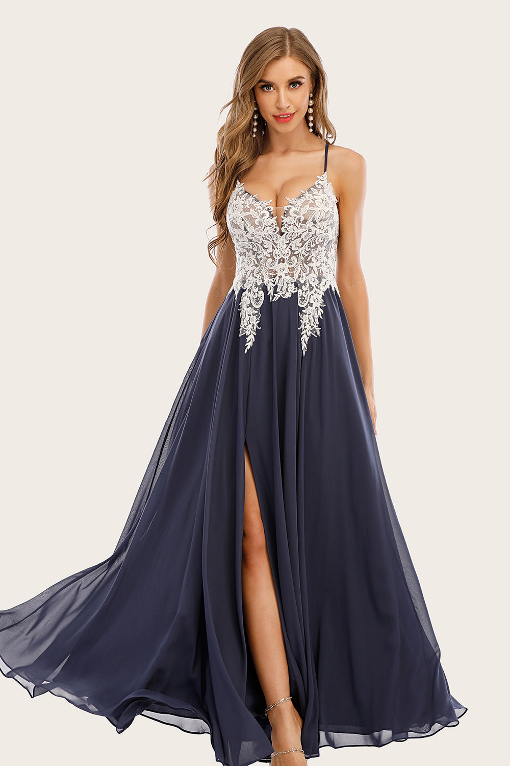 Dusty Blue Long Chiffon Prom Dress with Lace - Fashionpara