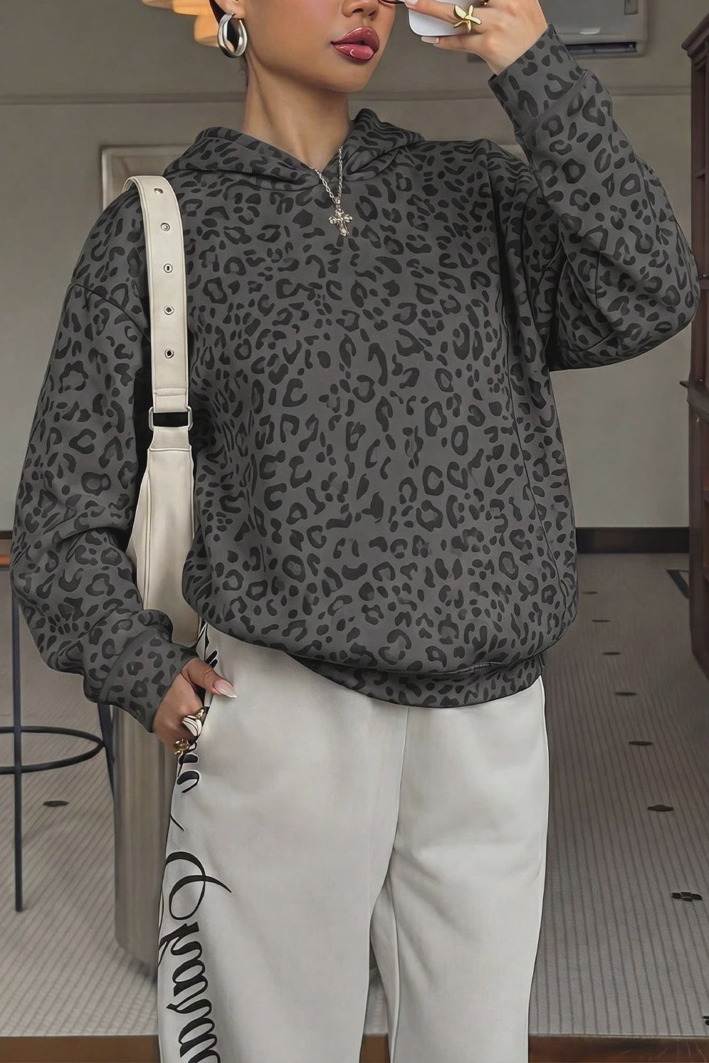 Leopard Print Oversized Pullover Hoodie