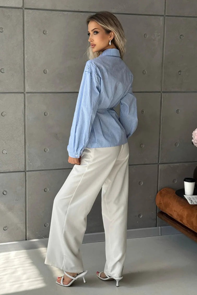 Ruffled Striped Tie Waist Blouse