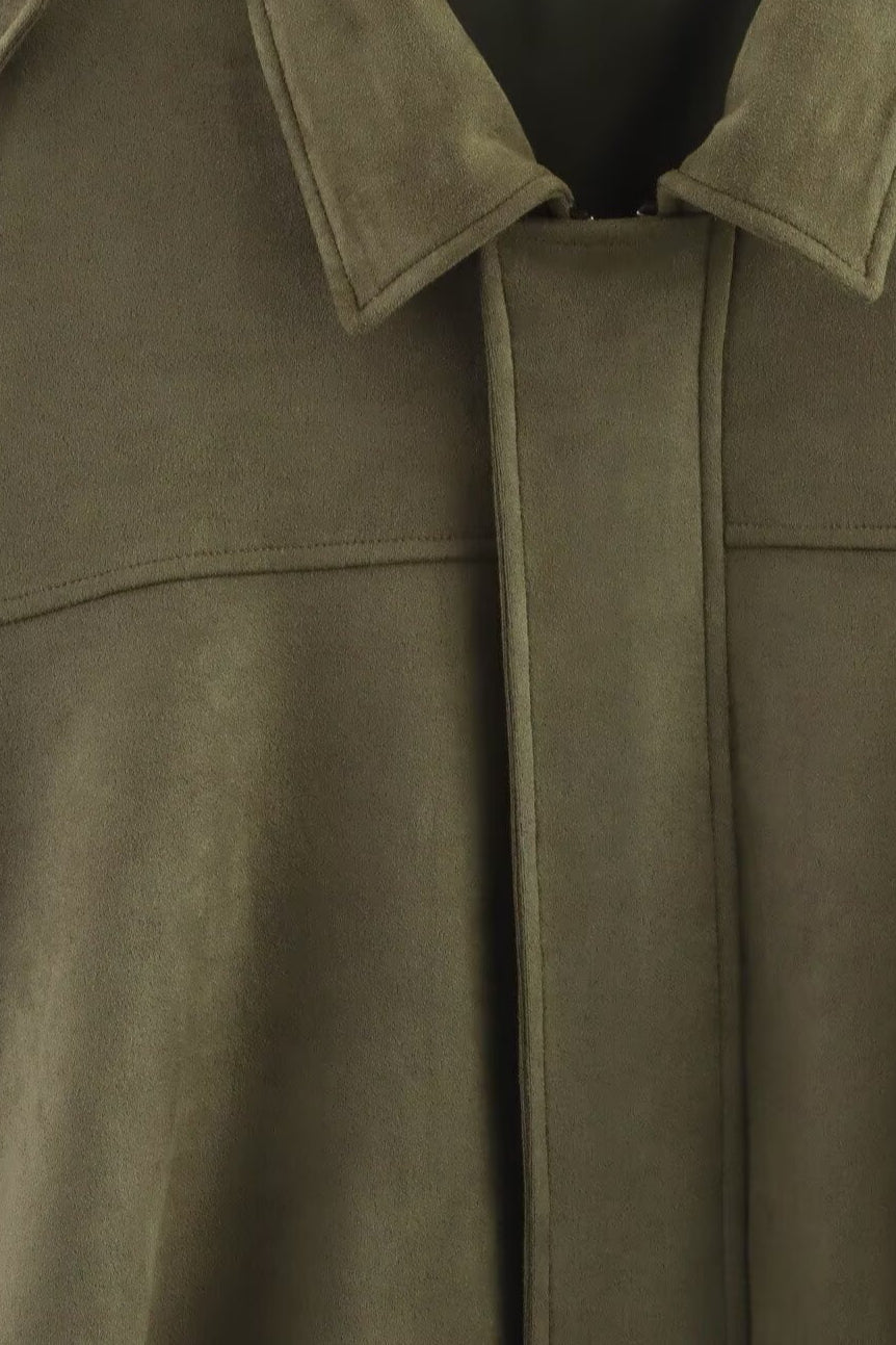 Solid Suede Look Balloon Hem Zip Jacket