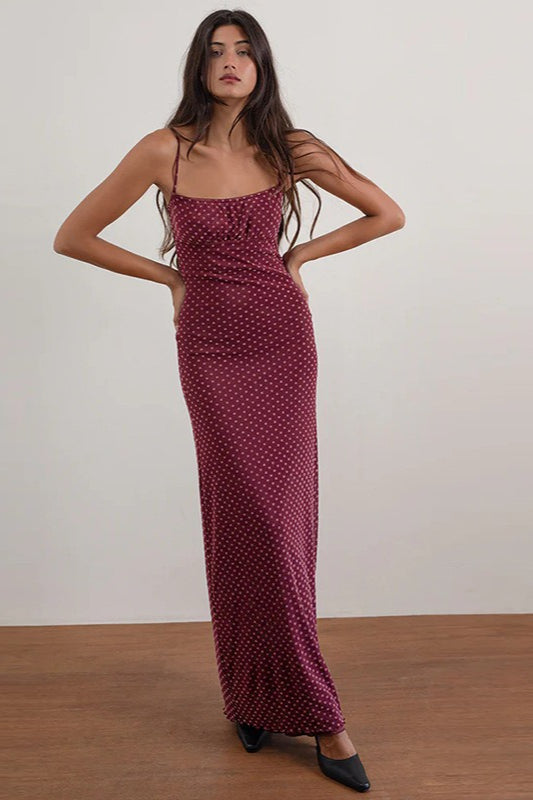 Polka Dot Cowl-Neck Spaghetti-Strap Maxi Dress