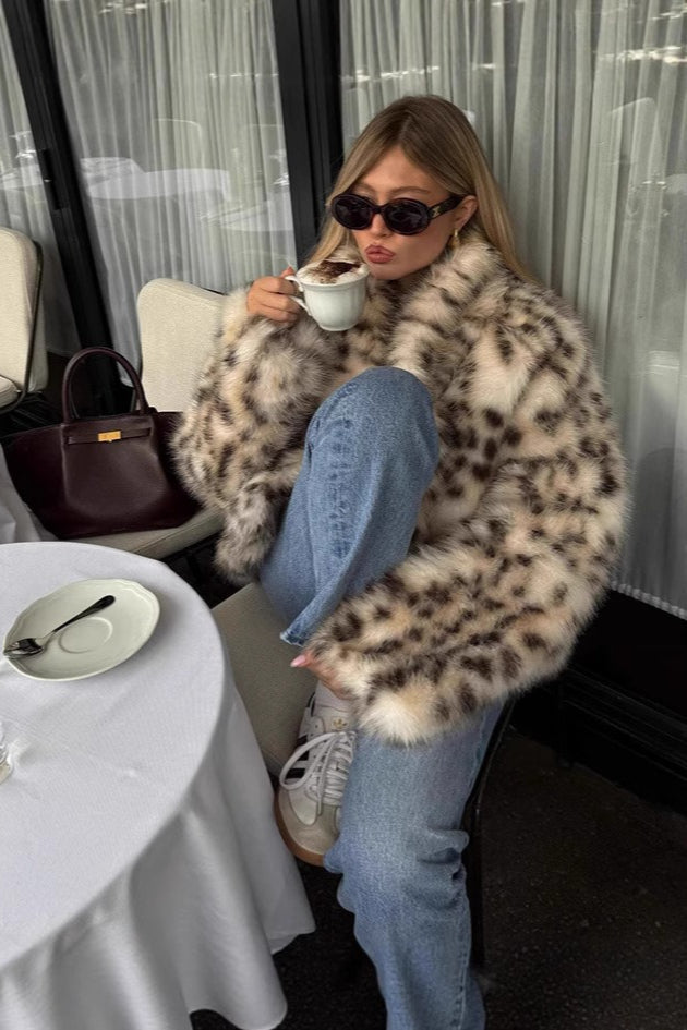 Faux Fur Leopard Pattern Coat - Fashionpara