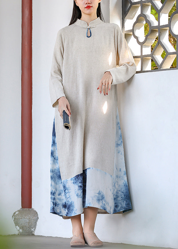 Tie Dye Mandarin Collar Paneled Long Sleeve Midi Dress - View 2
