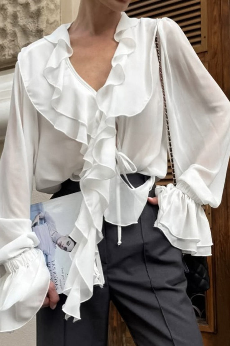 Ruffled V-Neck Tie Long Sleeve Blouse - Fashionpara
