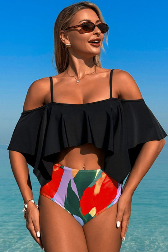 Two-piece swimsuit with large ruffled sleeves and floral shorts - Fashionpara