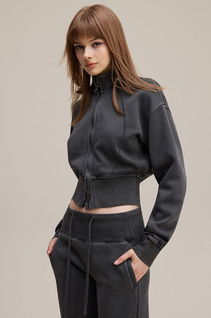 Cropped Waist Zip Up Hoodie