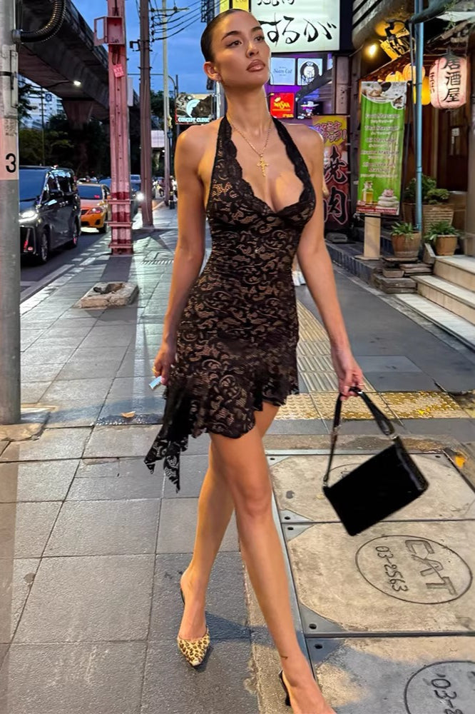 Lace Plunge Halter Neck Backless Bodycon Mini Dress