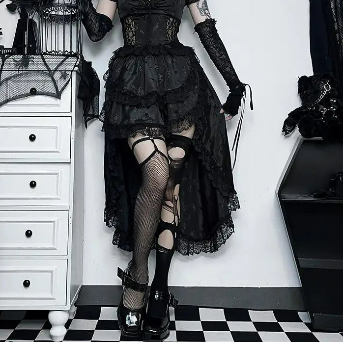 Uneven Folded Lace Black Midi Dress