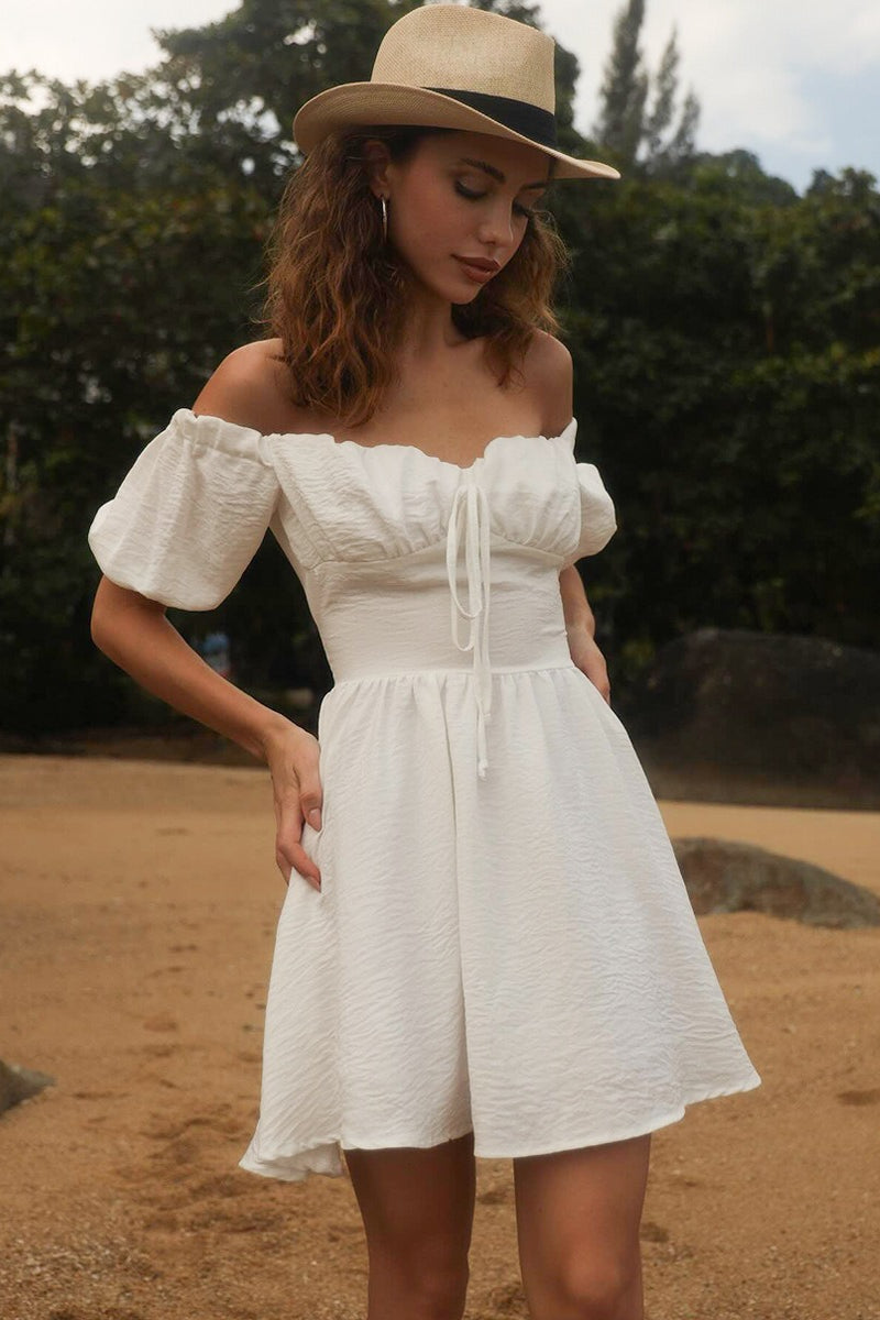 Off Shoulder Puff Sleeve Fit & Flare Mini Dress