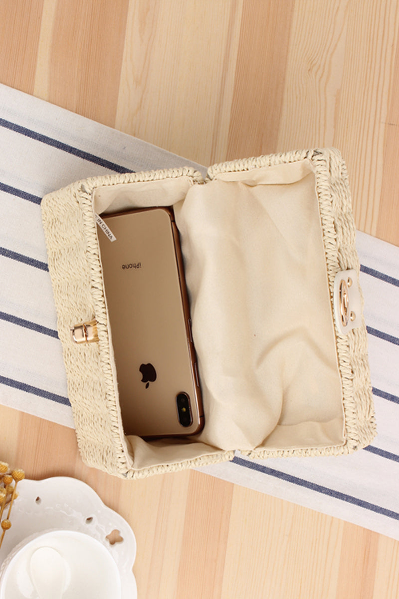 Box Shape Top-Handle Woven Straw Beach Handbag - Fashionpara