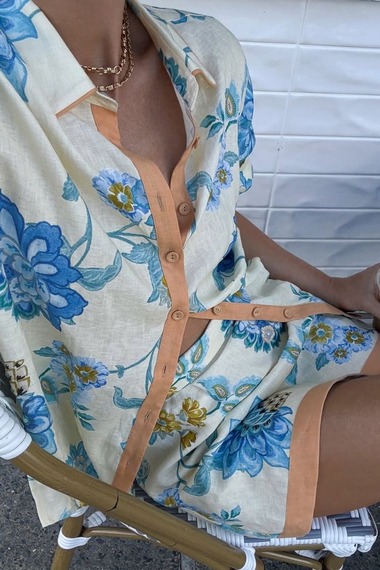 Giselle Linen Blend Floral Print Short Sleeve Shirt and Zipper Mini Skirt Set - Fashionpara