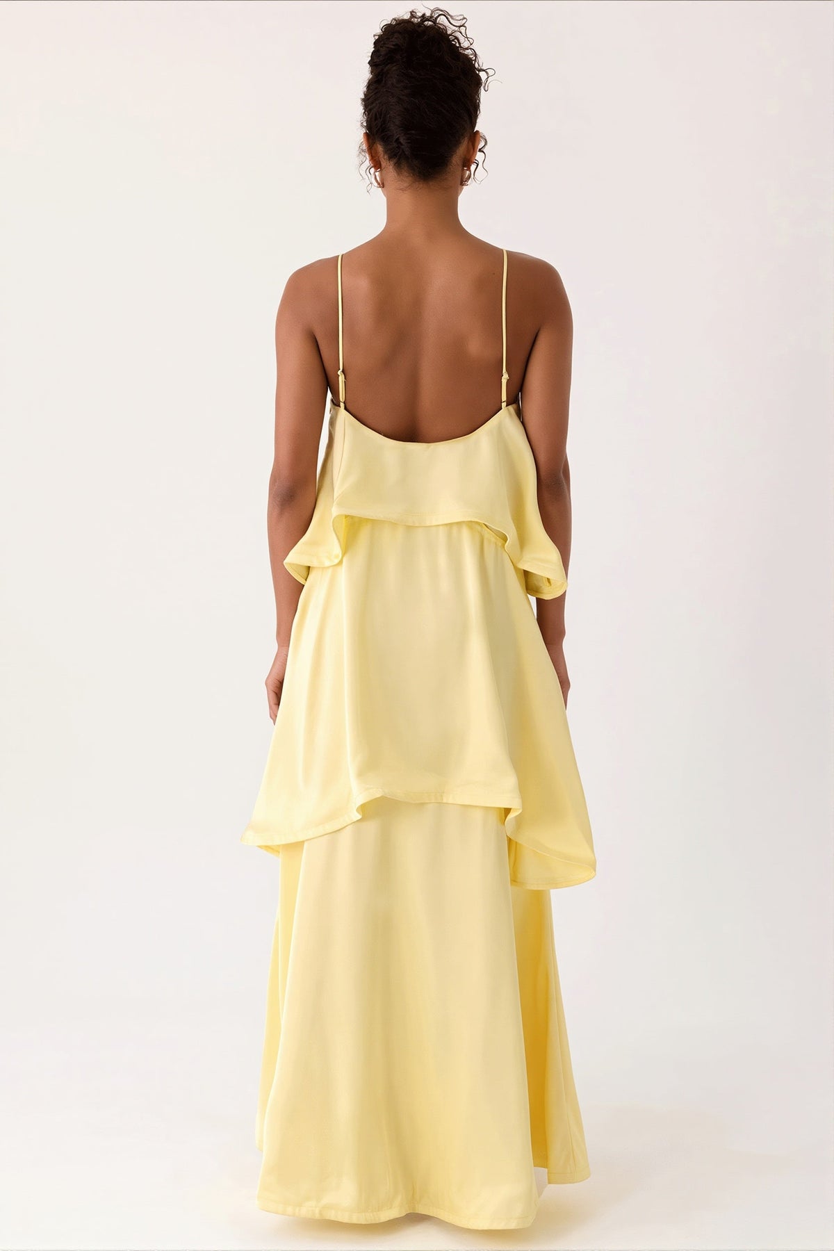 Satin Tiered Ruffle Spaghetti Strap Maxi Dress