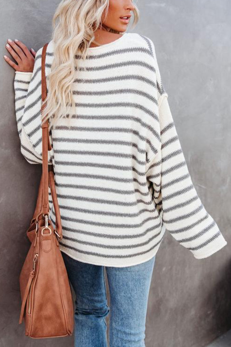 O Neck Striped Loose White Sweater  Fashionpara