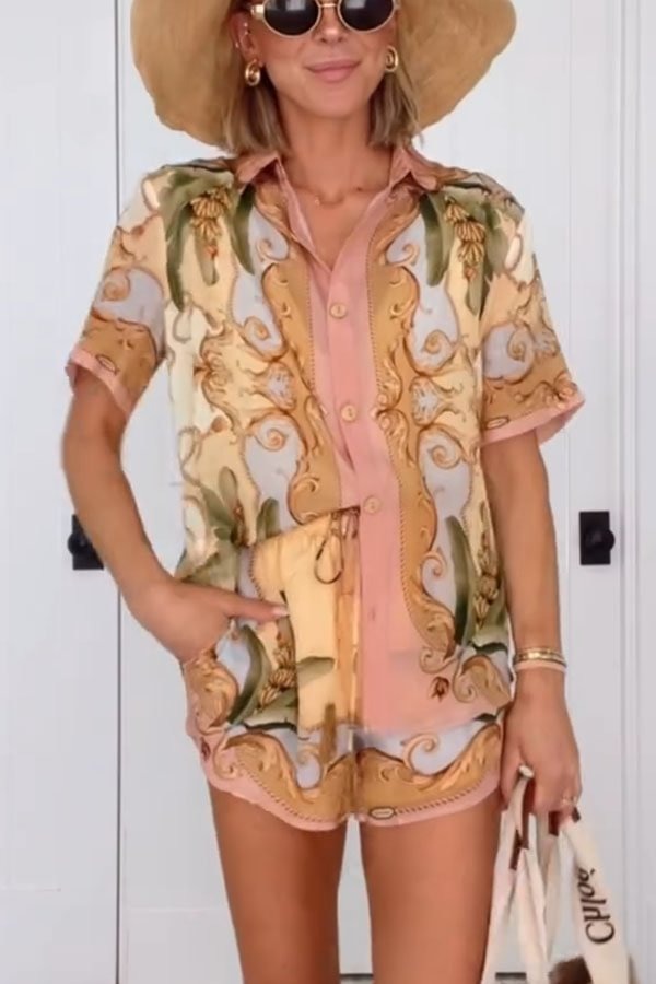 Royalty Unique Print Button Up Short Sleeve Shirt and Elastic Waist Pocketed Loose Shorts Set - Fashionpara