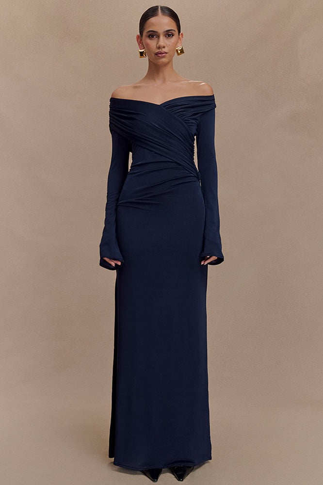 V-Neck Slim Fit Ruched Maxi Dress
