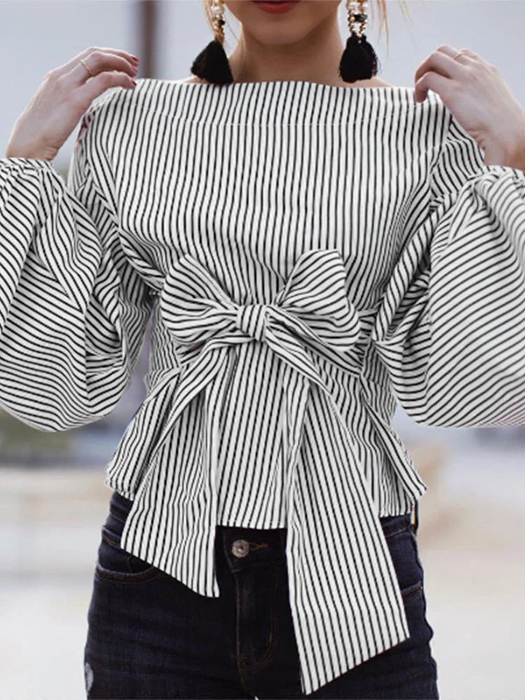 Striped Lantern Sleeve O-Neck Blouse
