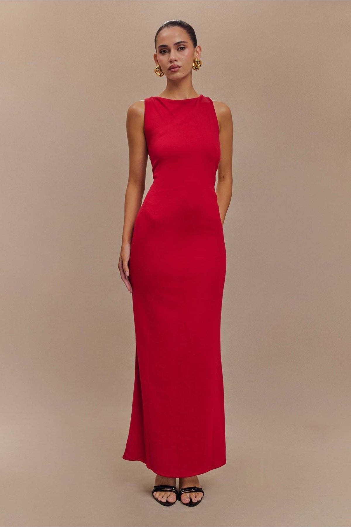 Crepe Knit Boat Neck Sleeveless Column Maxi Gown
