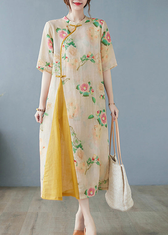 Floral Print Mandarin Collar Frog Closure Asymmetric Midi Dress - View 4