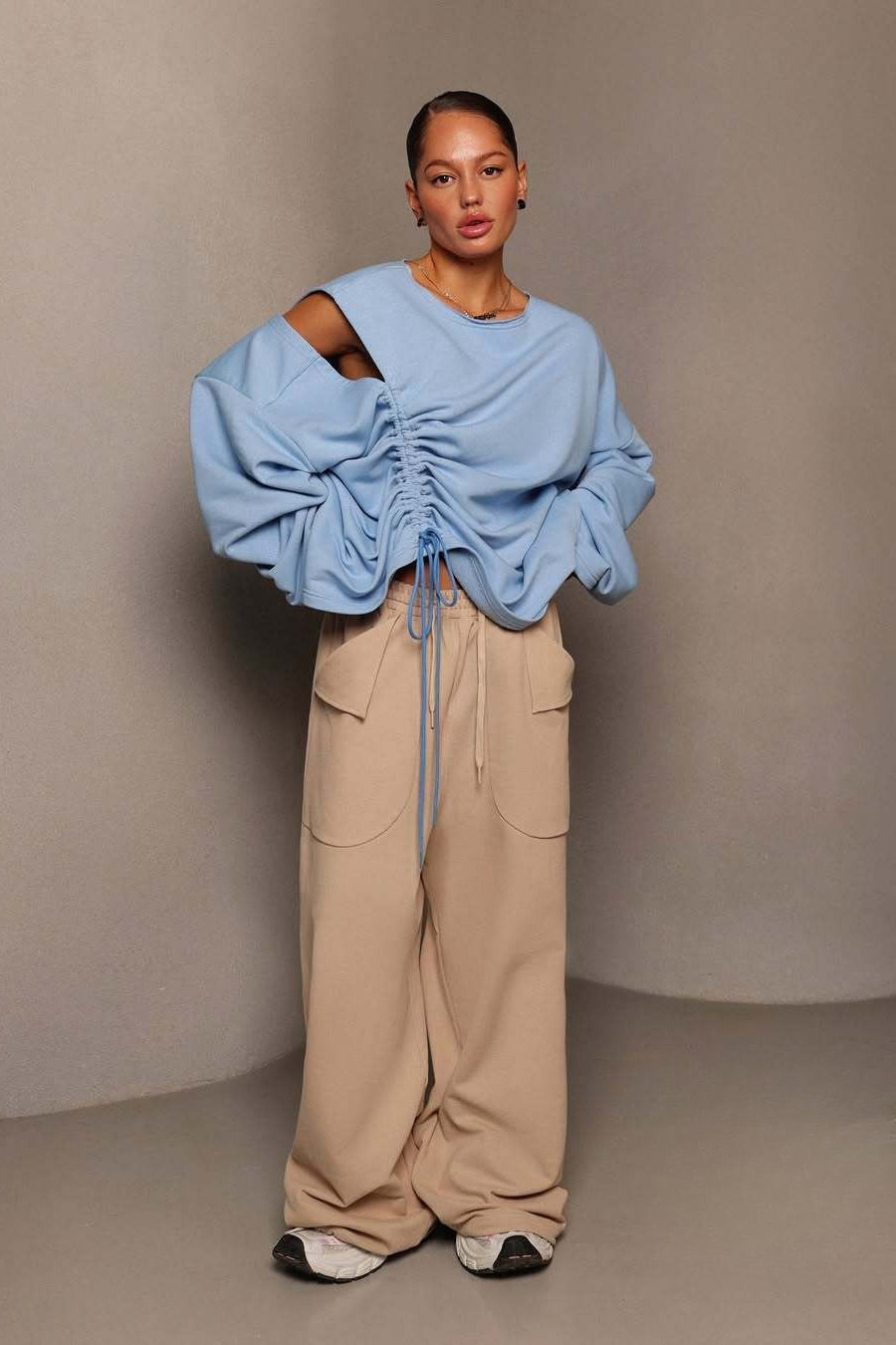 Structured Round Neck Pullover Drawstring Blouse