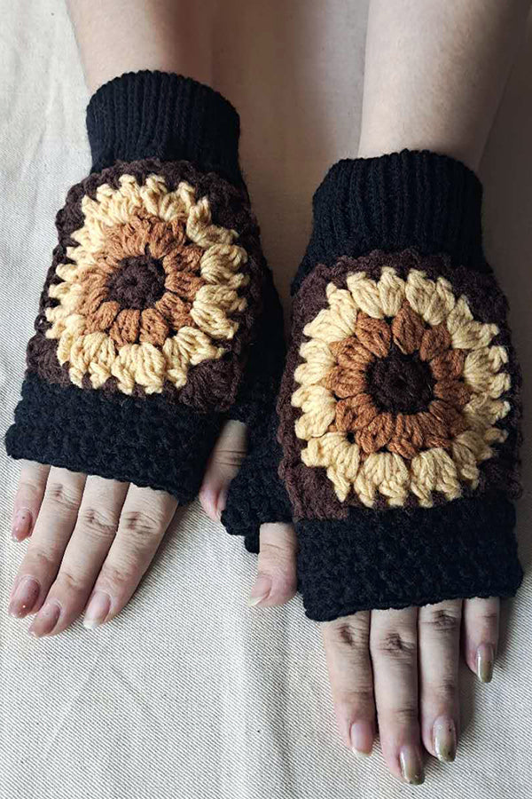 Knitted Sunflower Warm Half Finger Wool Gloves
