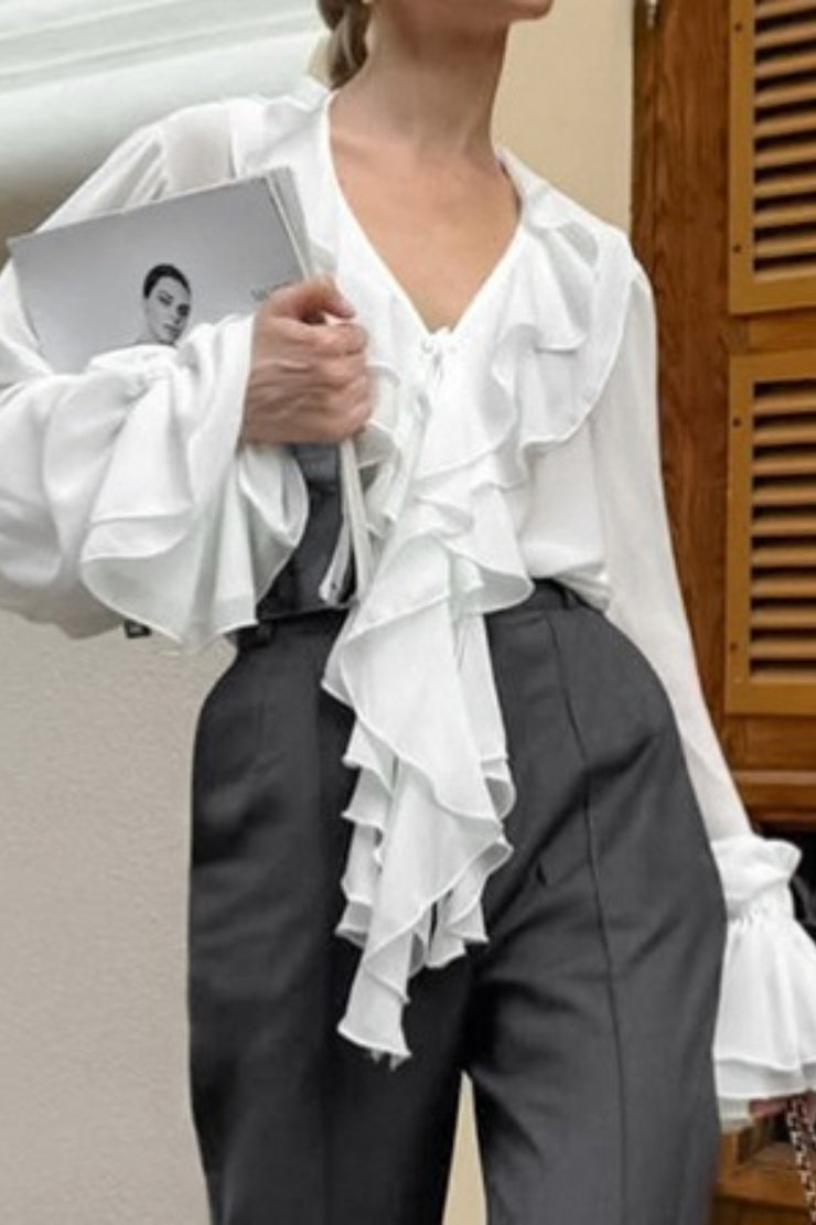 Ruffled V-Neck Tie Long Sleeve Blouse - Fashionpara