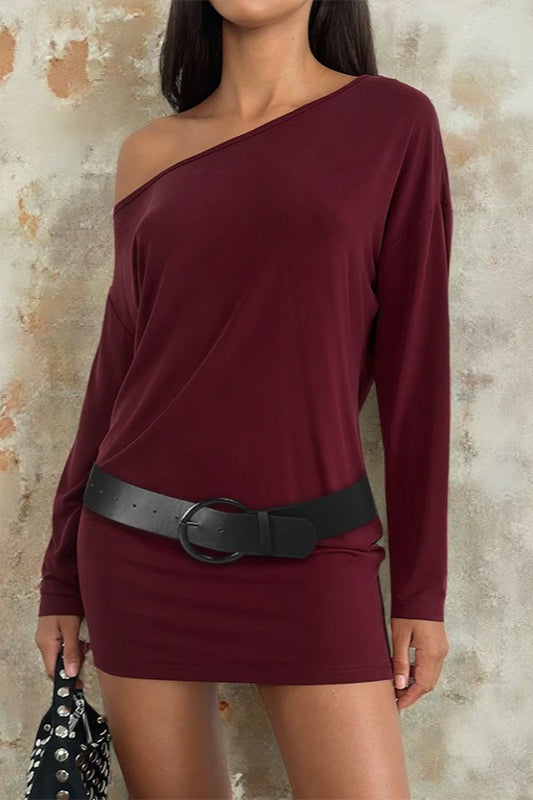 Off Shoulder Long Sleeve Belted Bodycon Mini Dress
