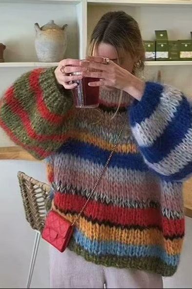 Chic Rainbow Stripe Crewneck Long Sleeve Knit Sweater