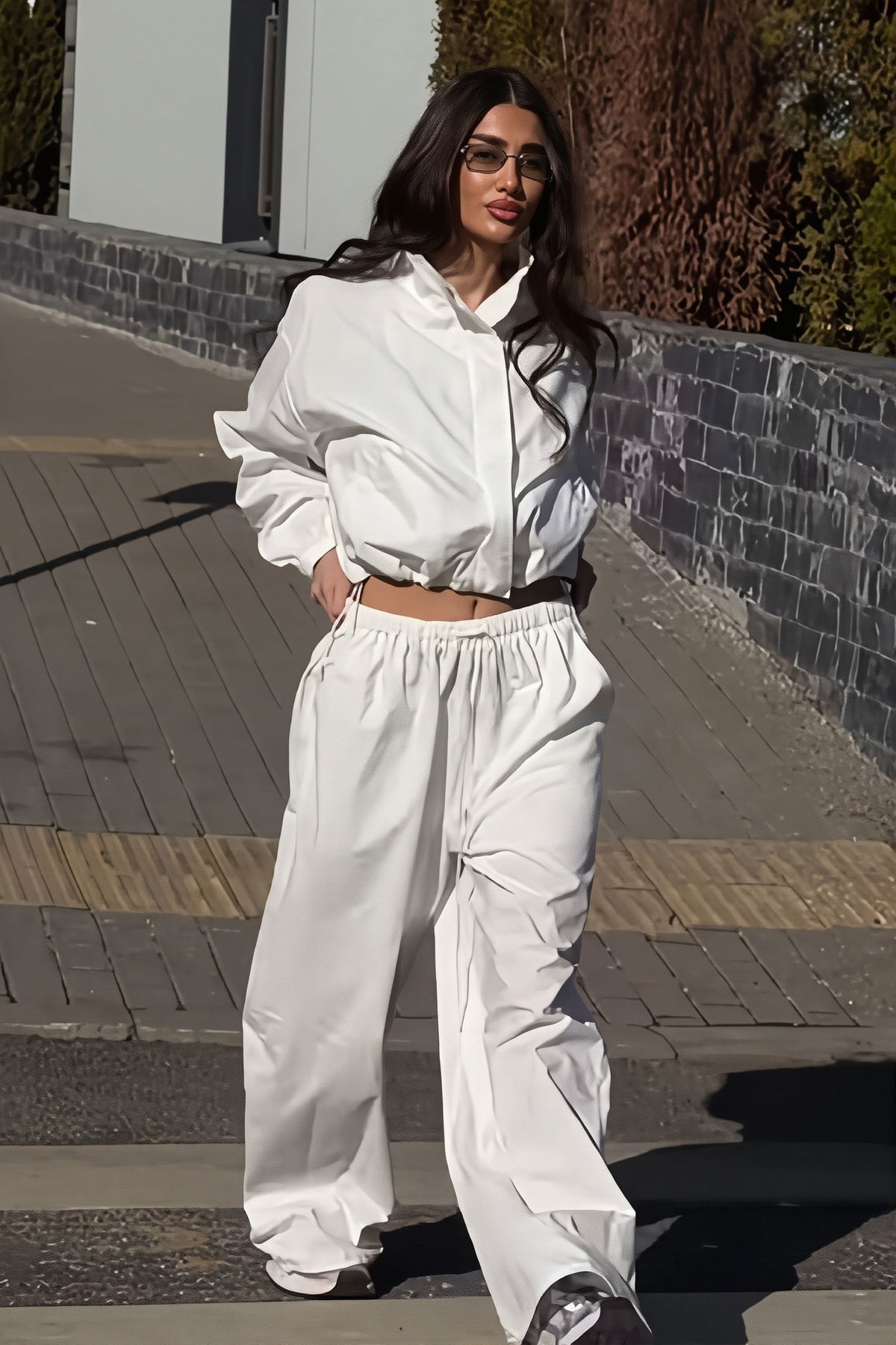 Cropped Zip Windbreaker Wide Leg Pants Set
